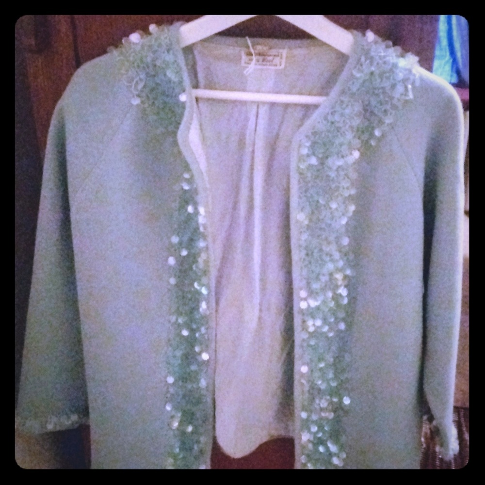 Vintage, beaded and sequined aqua cardigan.